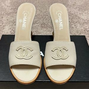 Like New Beige Chanel Canvas Mule Wedges
